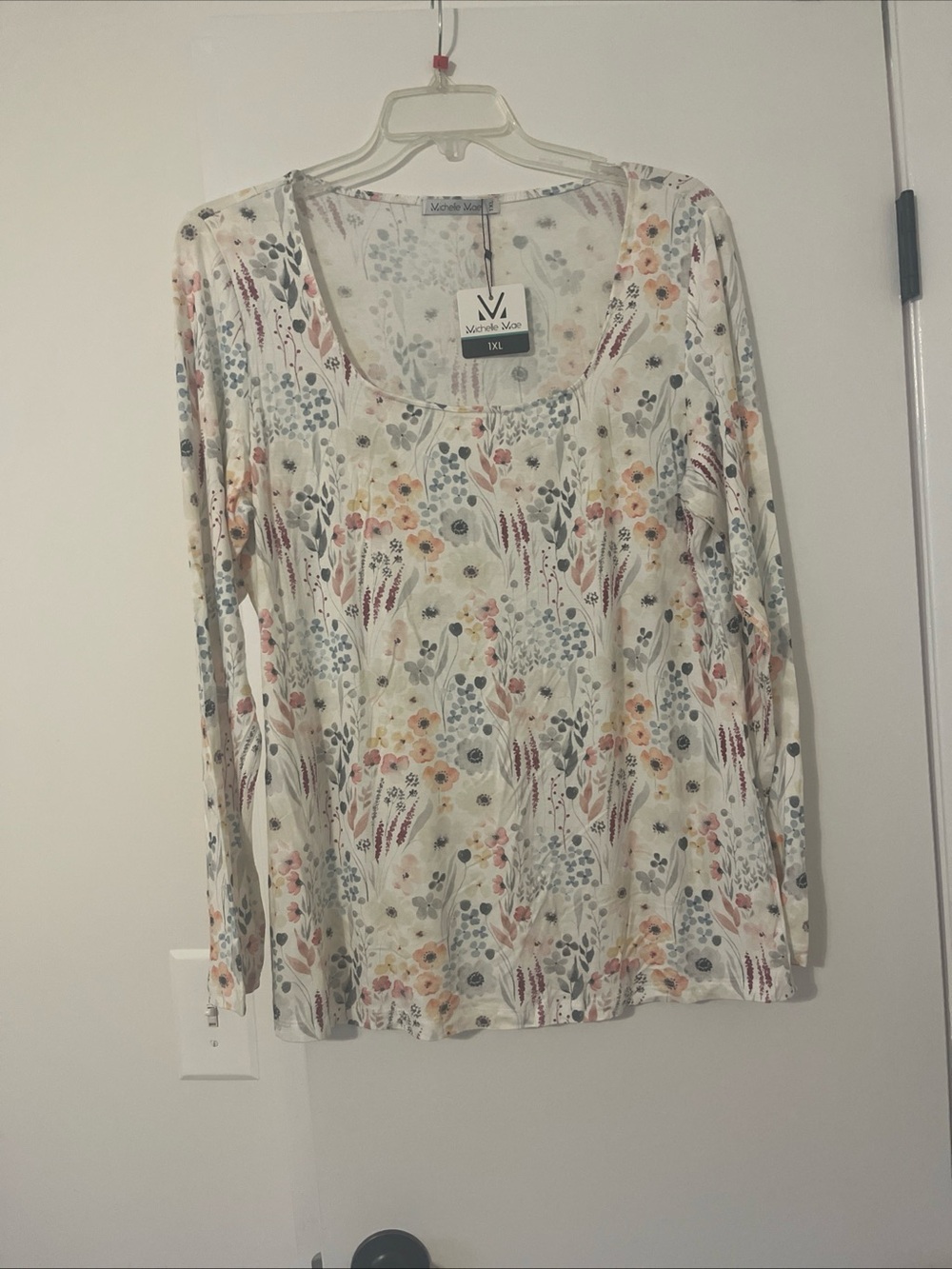 Michelle Mae Scoop Neck Long Sleeve Floral Top - Cream with Pink, Yellow & Blue